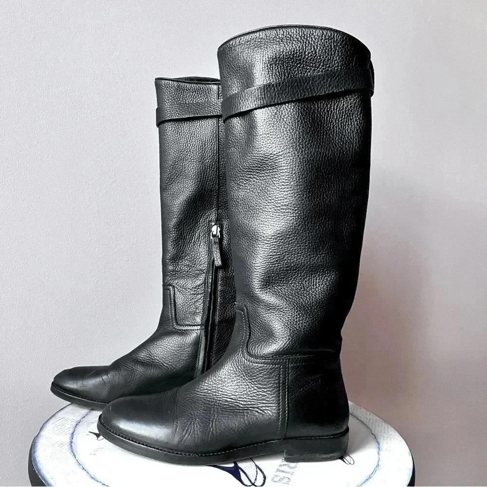 Massimo Dutti Black Pebbled Leather Women’s Knee High Riding Boots EU 37 US 6.5